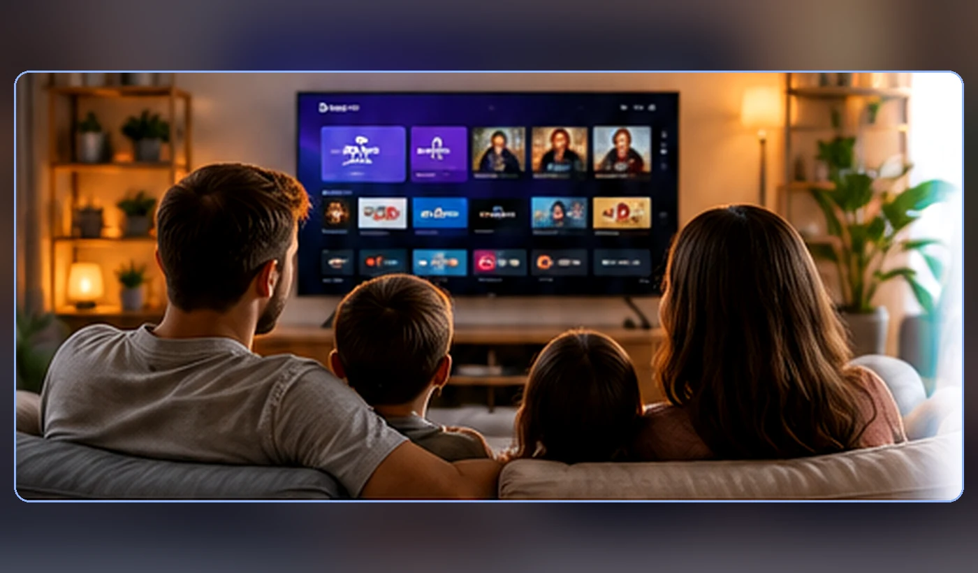 Família assistindo programação de televisão por streaming em casa